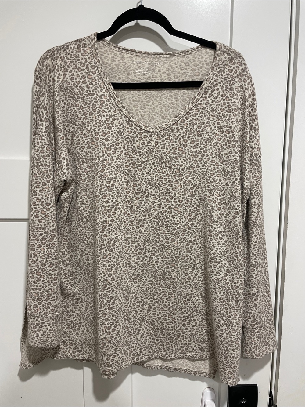 American Eagle Outfitters V-Neck Long Sleeve Leopard Print Top - Cream Taupe